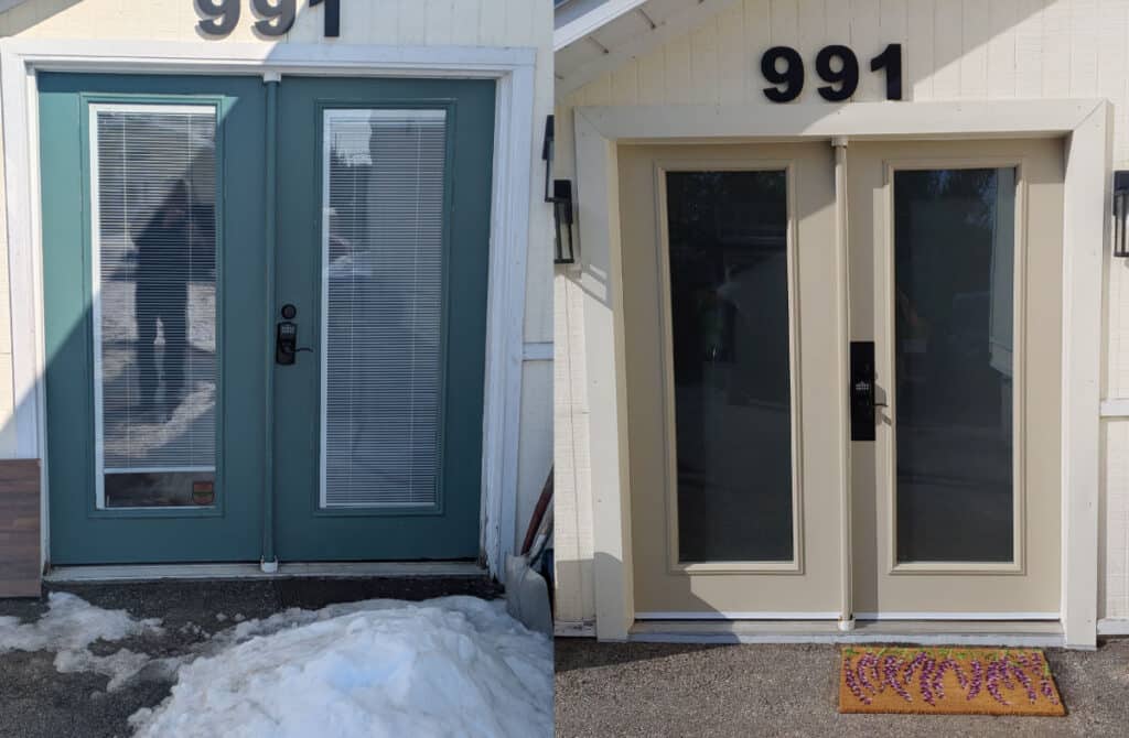Entrance Door Restoration Comparison looking at the old door versus the new restored door
